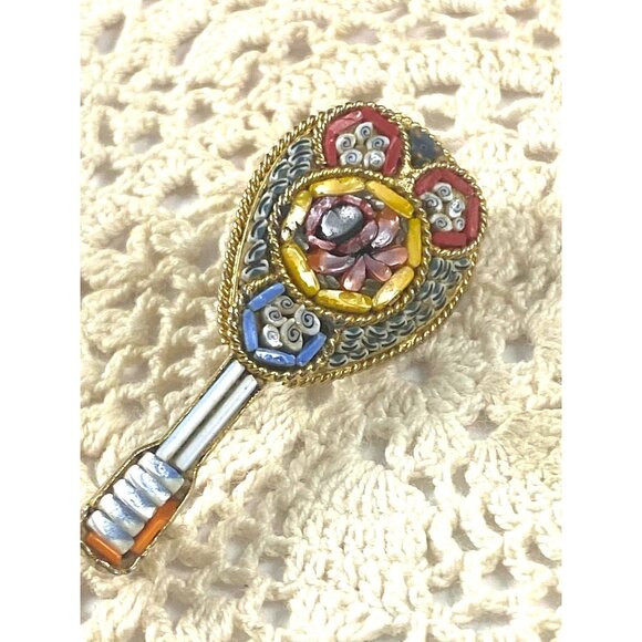 Vintage Micromosaic Lute Ukelele Brooch Pin Shell Glass Gold tone Metal - Picture 4 of 6